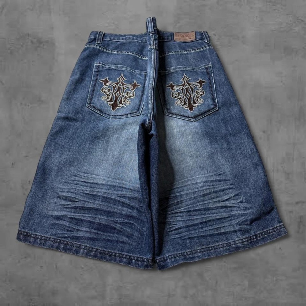 Y2K Vintage 2000s Baggy LAX Jeans Embroidered Dark Wash Denim Shorts
